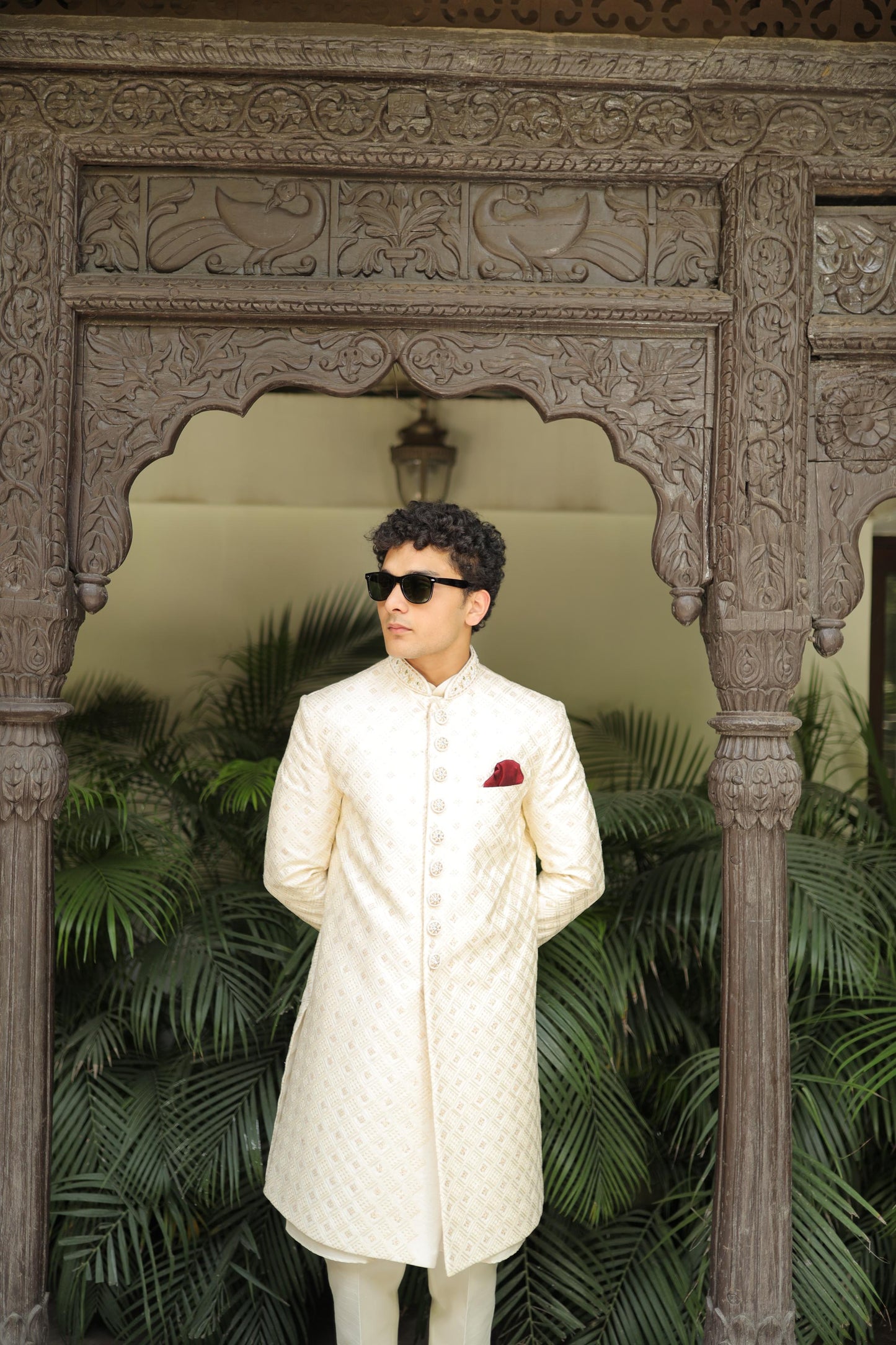 Off-White Jacquard Thread Embroidered Sherwani