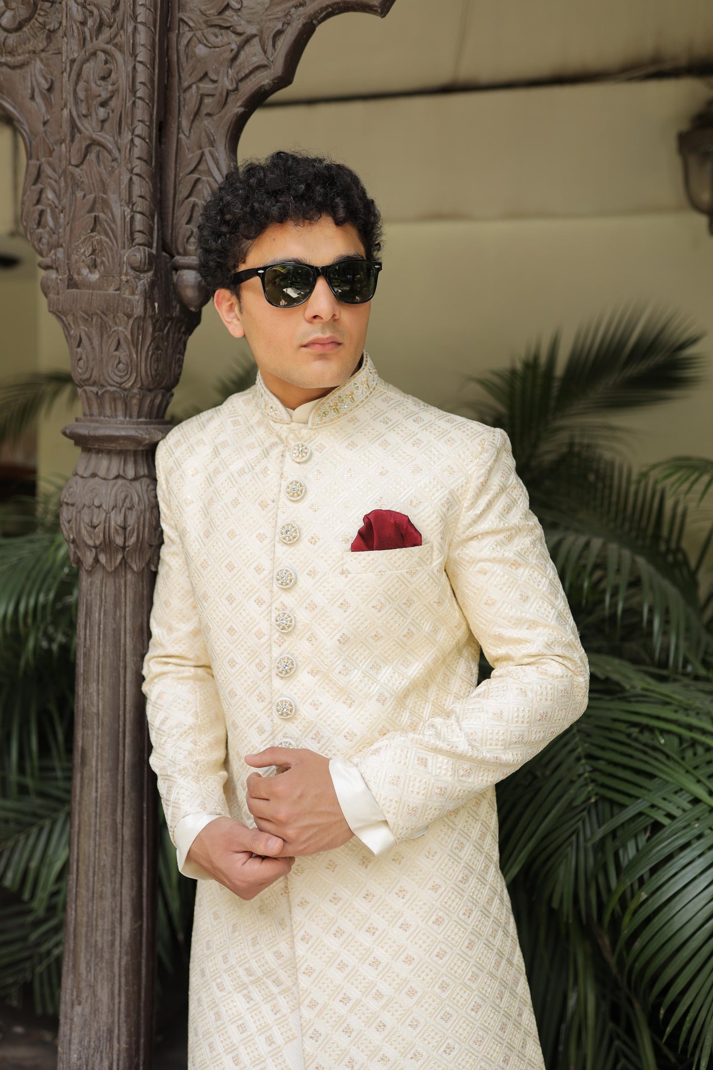 Off-White Jacquard Thread Embroidered Sherwani