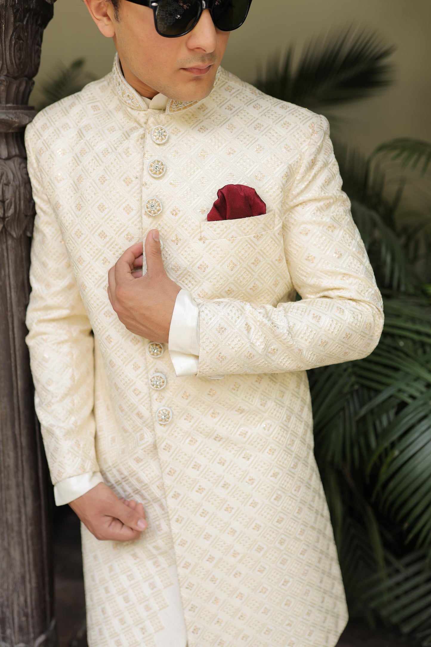Off-White Jacquard Thread Embroidered Sherwani