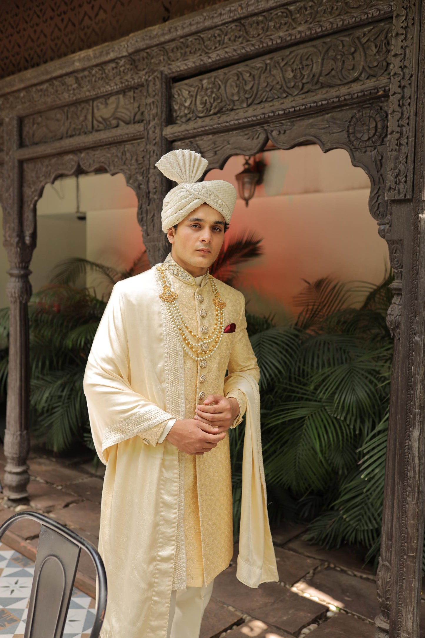 Off White Embroidered Groom Sherwani