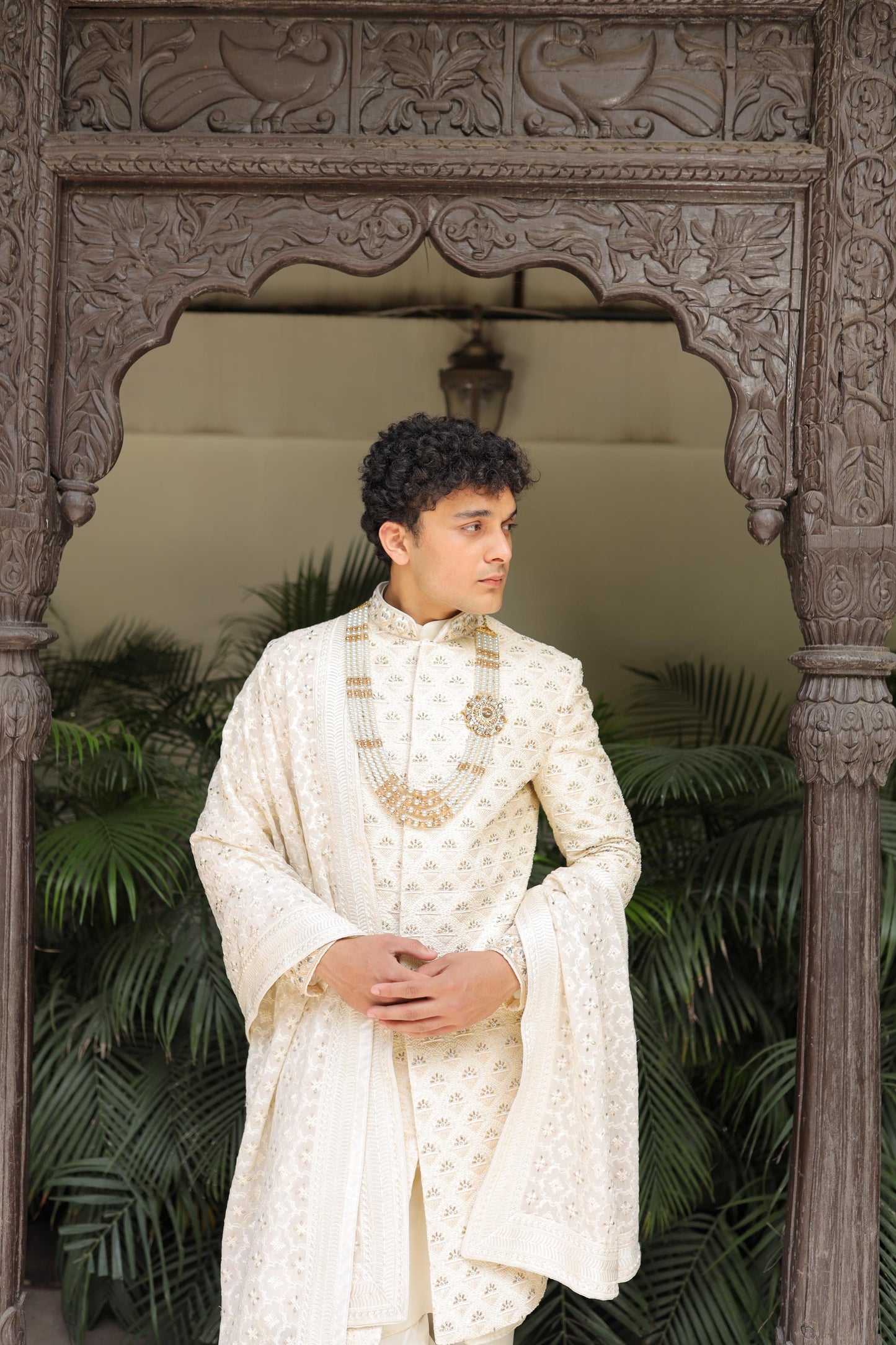 Designer Off-White Jacquard Sherwani for Men
