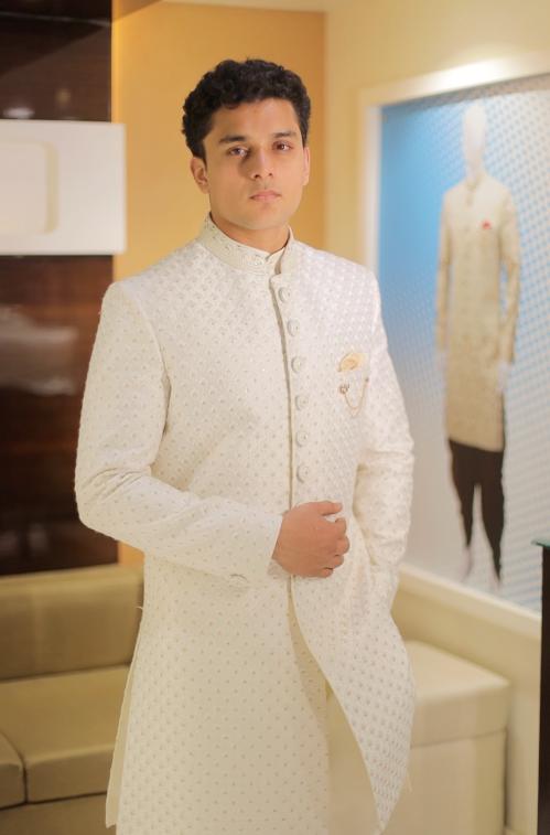 Ivory Gold Jacquard Thread Sherwani