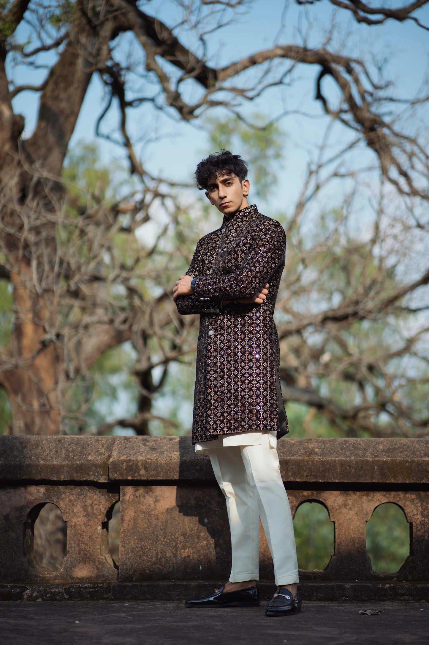 Velvet Black and Gold Indo-Western Set with Light Gold Kurta and Pants