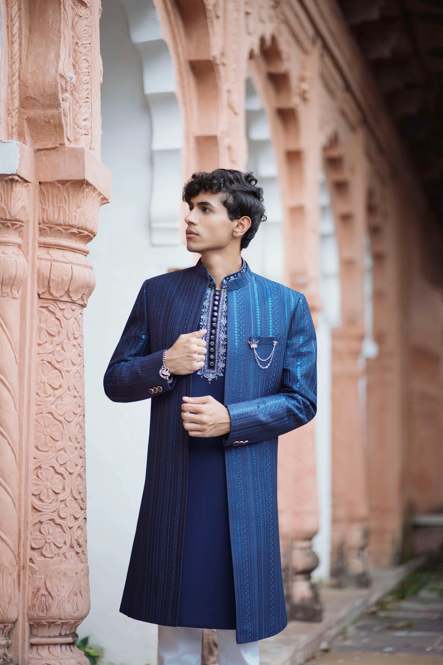 Indigo Blue Indowestern Set Featuring Long Jacquard Jacket with Resham Detailing