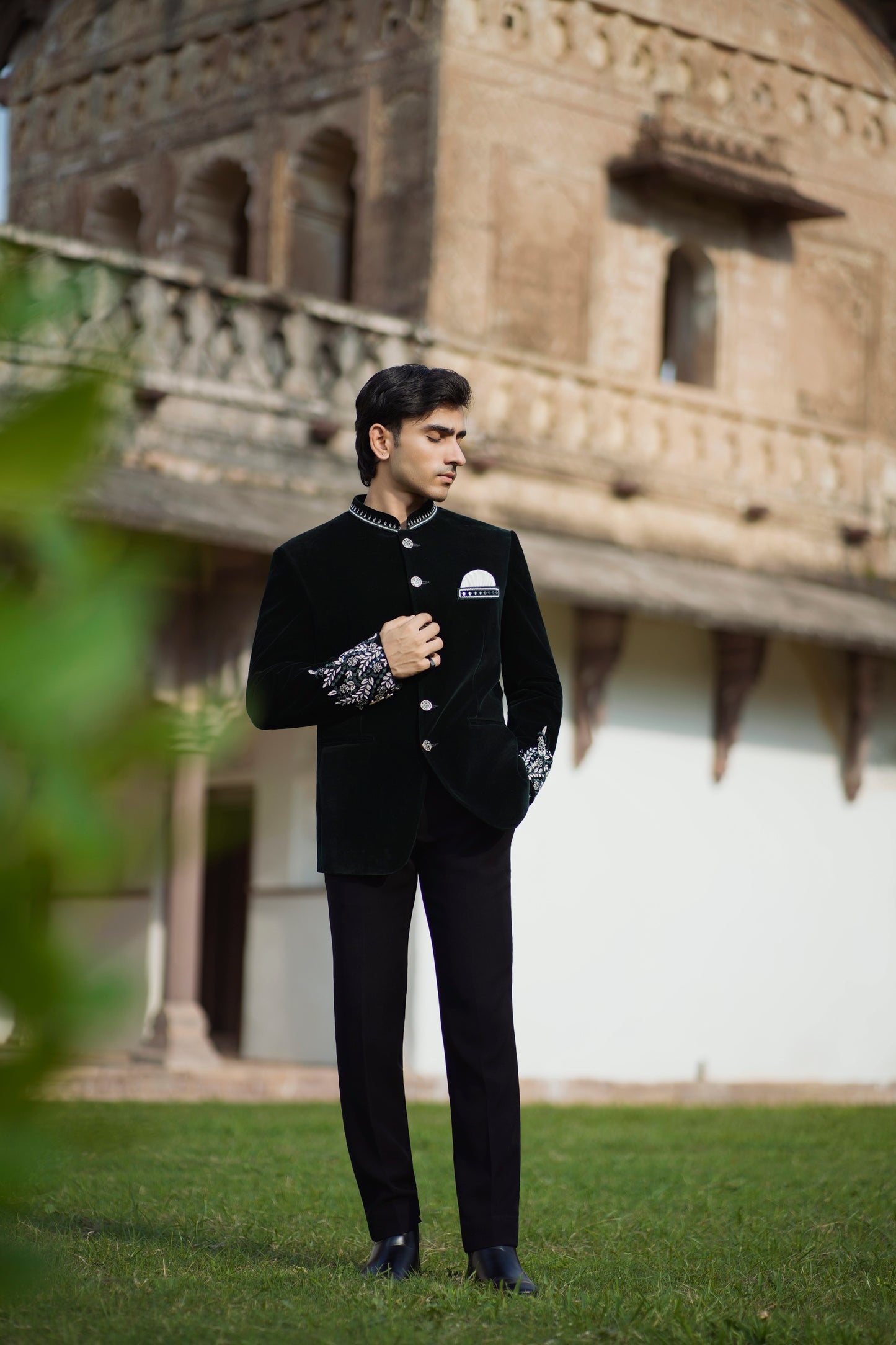 Bottle Green Velvet Embroidered Jodhpuri with Cutdana Work, Paired with Korean Pants