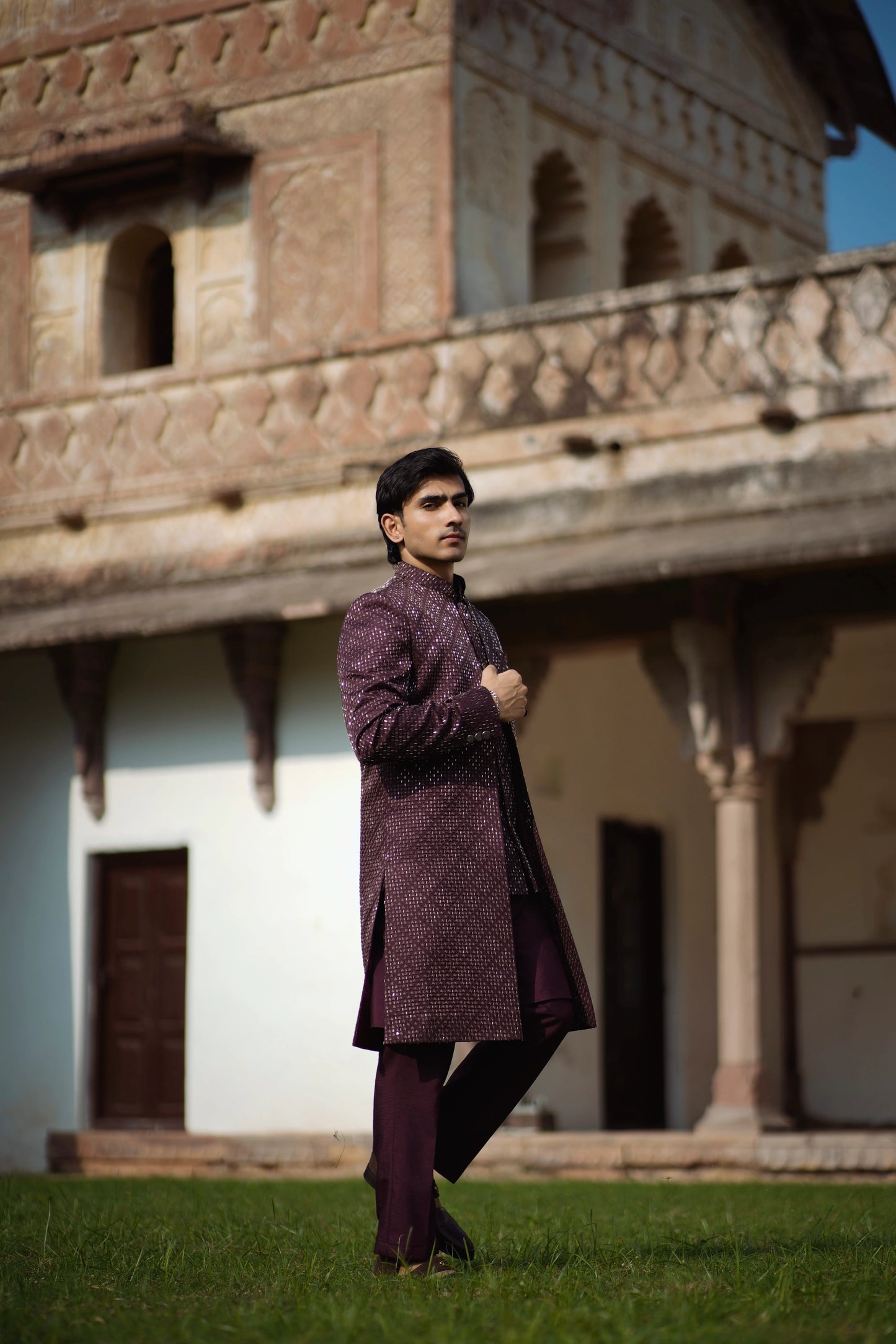 Burgundy 3-Piece Indo-Western Set with Metal Work Jacket, Kurta and Pants