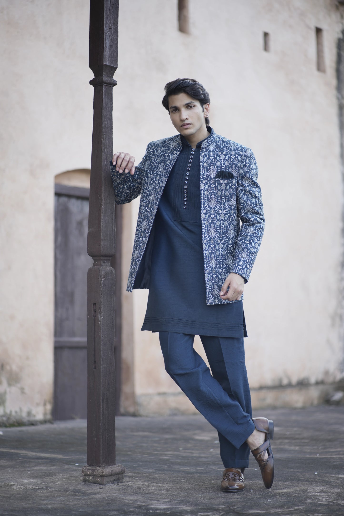 Indigo Blue Linen Silk Short Jacket Set with Machine Work Kurta and Pants