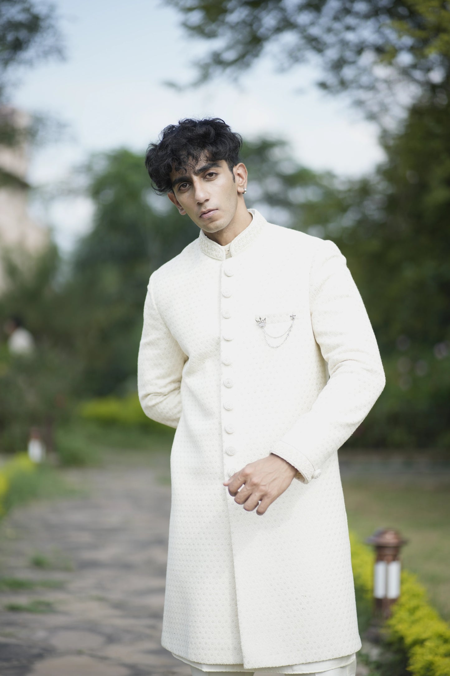 Ivory Embellished Sequins Sherwani Set paired with Kurta and Pajama