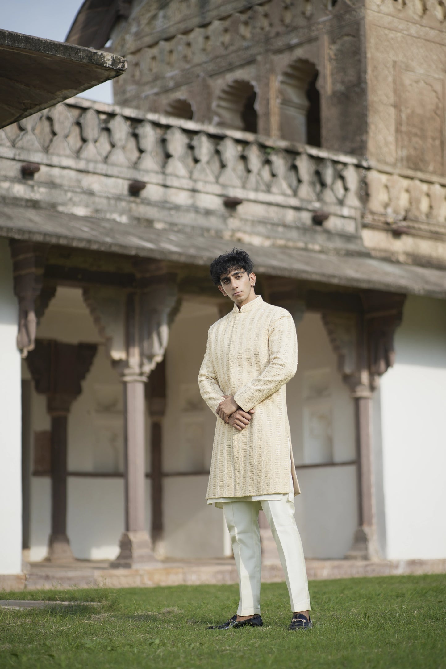 Designer Light Beige Sherwani with Sequin and Imperial Embroidery, Paired with Kurta-Pants