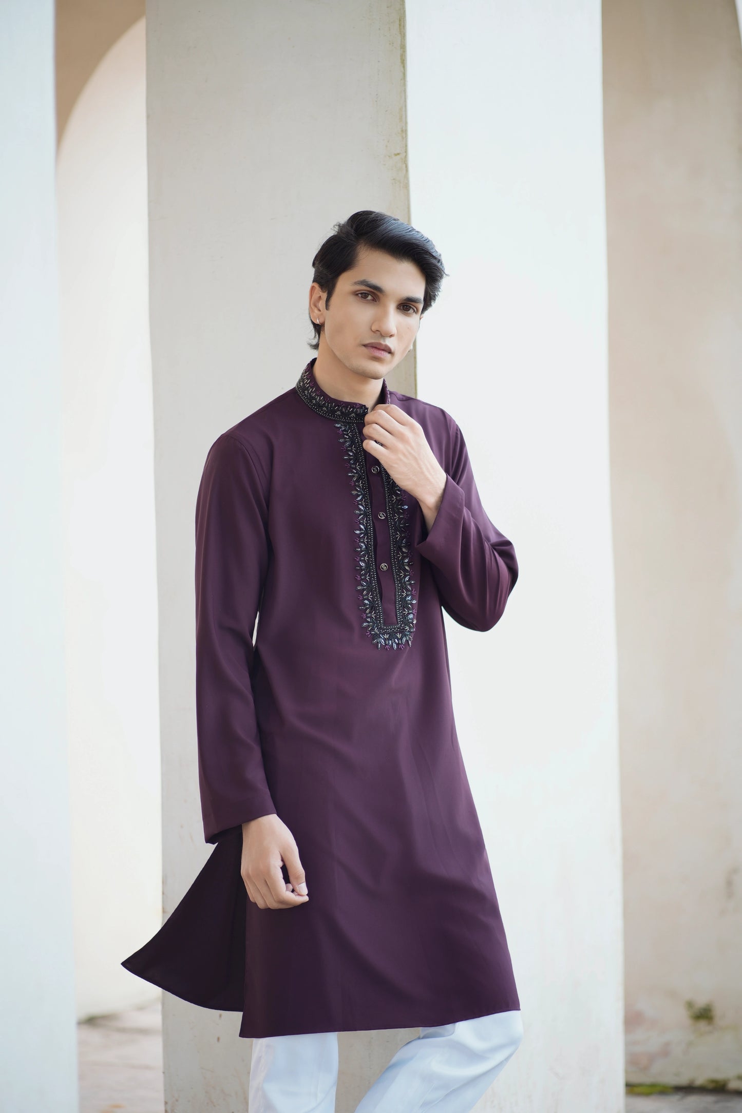 Maroon silk based kurta with cutdata hand work