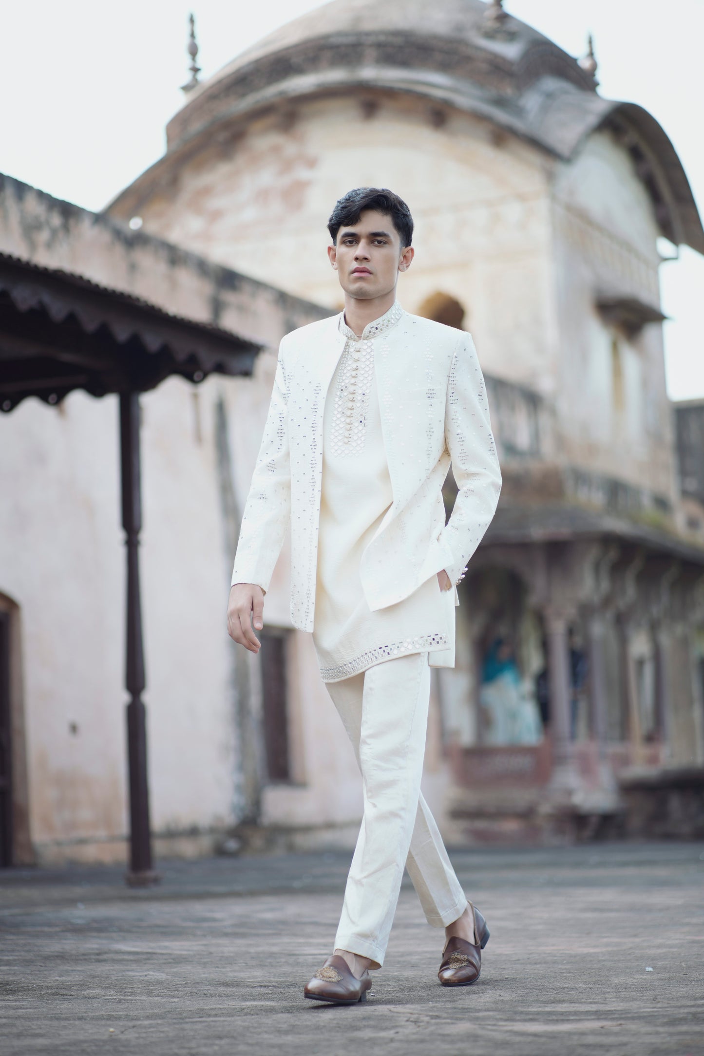 Ivory Mirror Work Shrug Set Paired with Matching Short Kurta and Tapered Pants