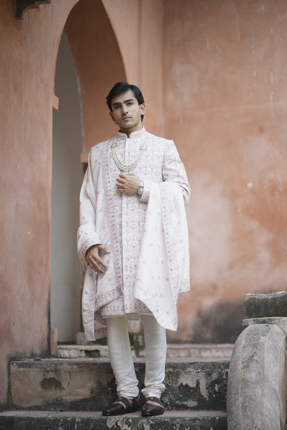 Champagne Sherwani Ensemble with Intricate Dupatta Detailing and Matching Kurta Pants