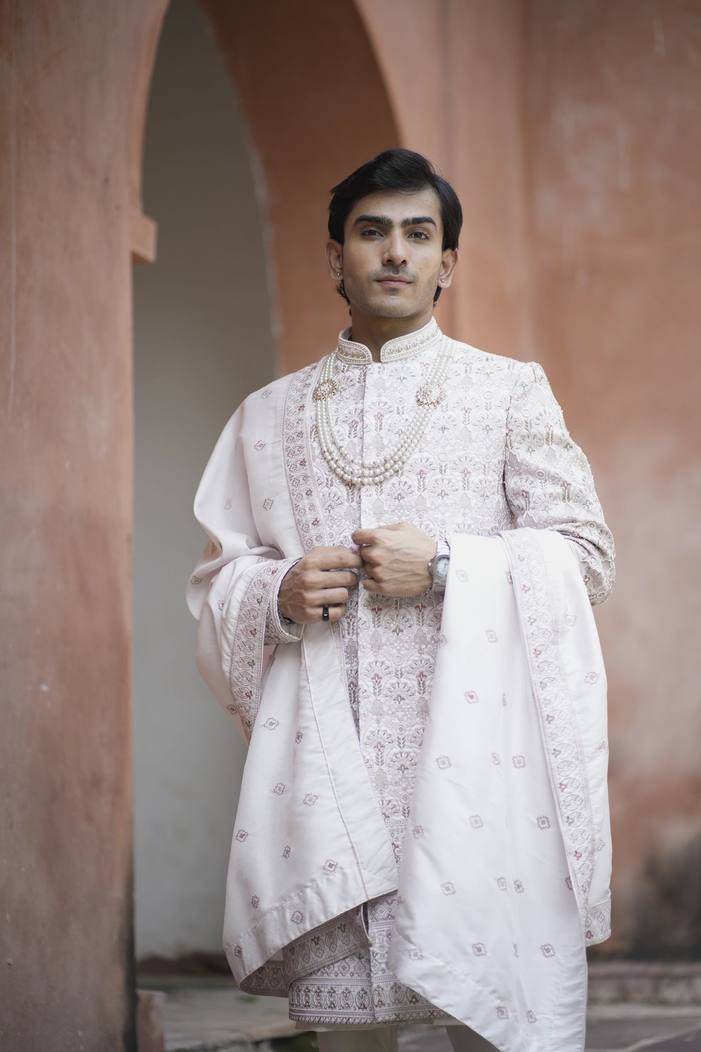 Champagne Sherwani Ensemble with Intricate Dupatta Detailing and Matching Kurta Pants