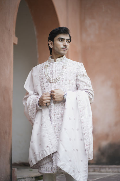 Champagne Sherwani Ensemble with Intricate Dupatta Detailing and Matching Kurta Pants