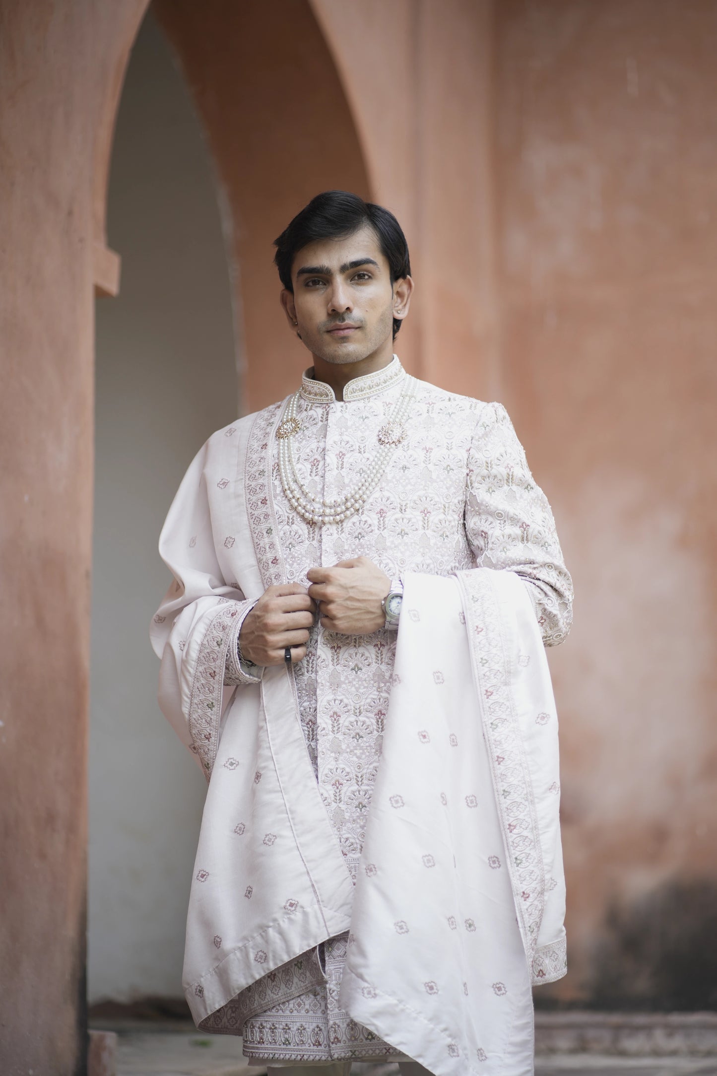 Champagne Sherwani Ensemble with Intricate Dupatta Detailing and Matching Kurta Pants