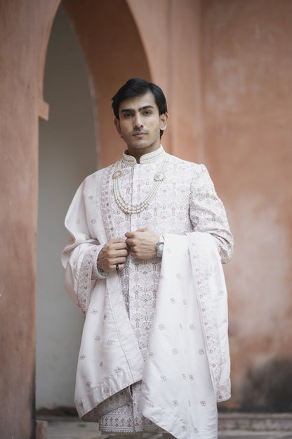 Champagne Sherwani Ensemble with Intricate Dupatta Detailing and Matching Kurta Pants