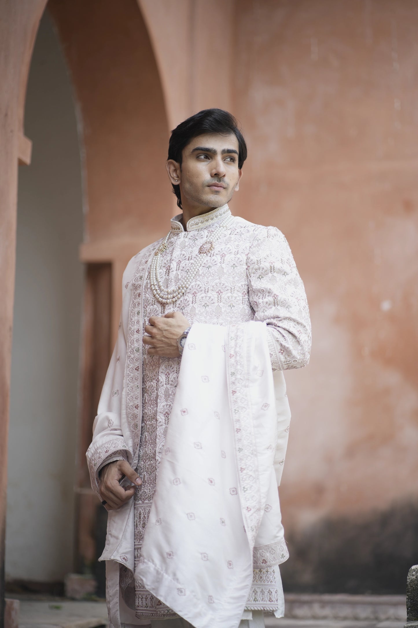 Champagne Sherwani Ensemble with Intricate Dupatta Detailing and Matching Kurta Pants