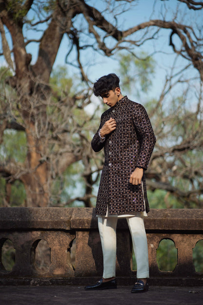 Velvet Black and Gold Indo-Western Set with Light Gold Kurta and Pants