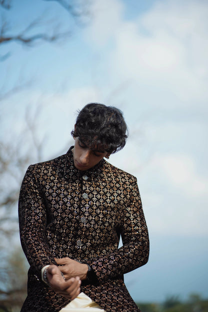 Velvet Black and Gold Indo-Western Set with Light Gold Kurta and Pants