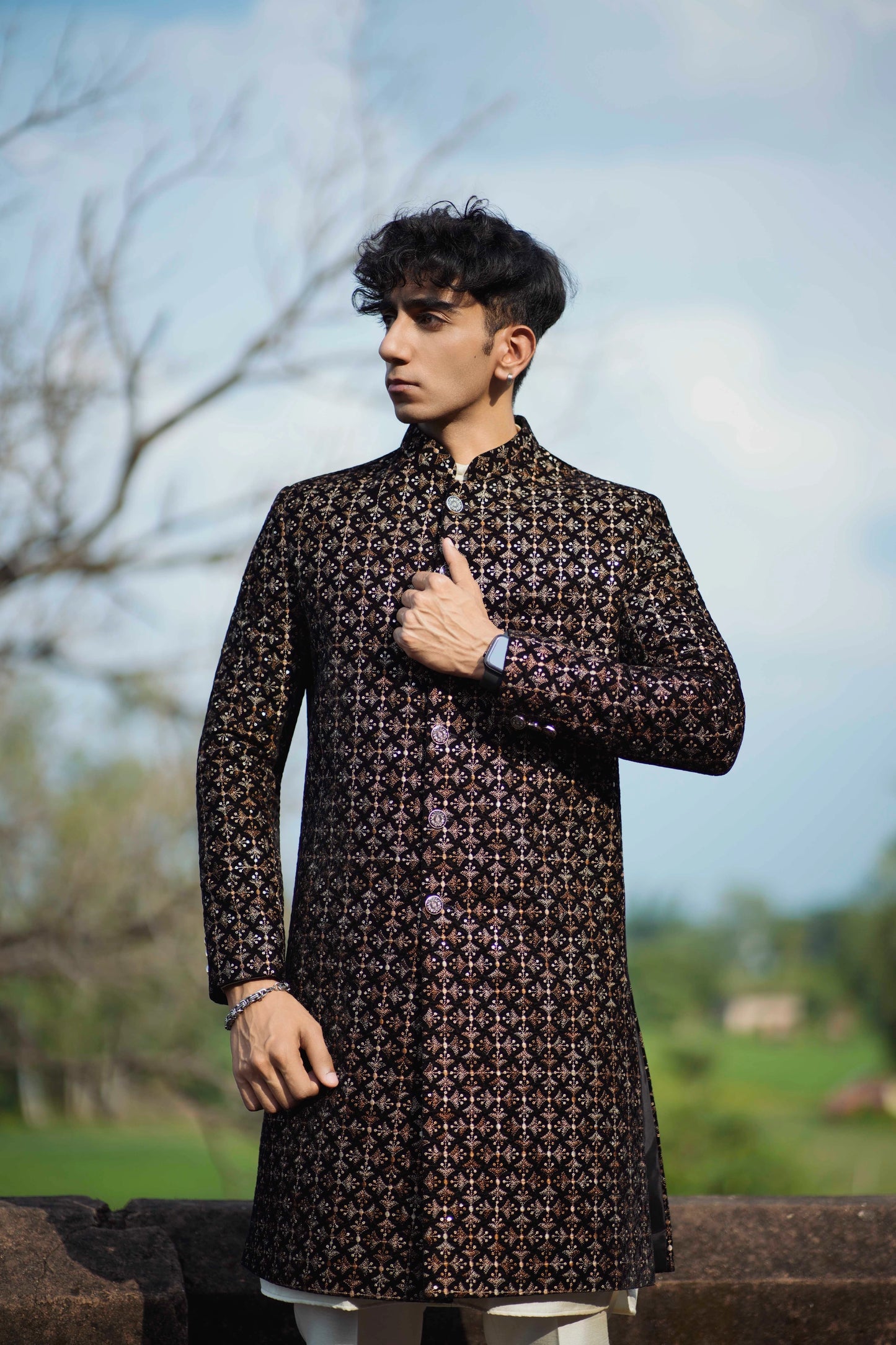 Velvet Black and Gold Indo-Western Set with Light Gold Kurta and Pants