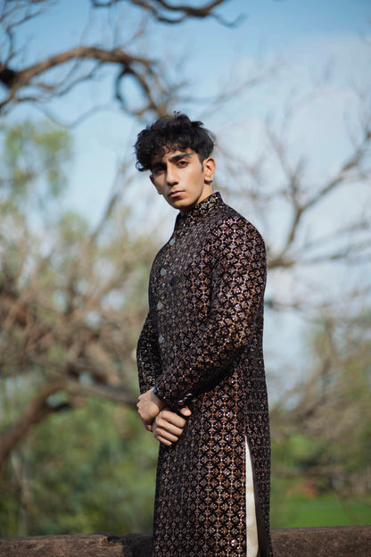 Velvet Black and Gold Indo-Western Set with Light Gold Kurta and Pants