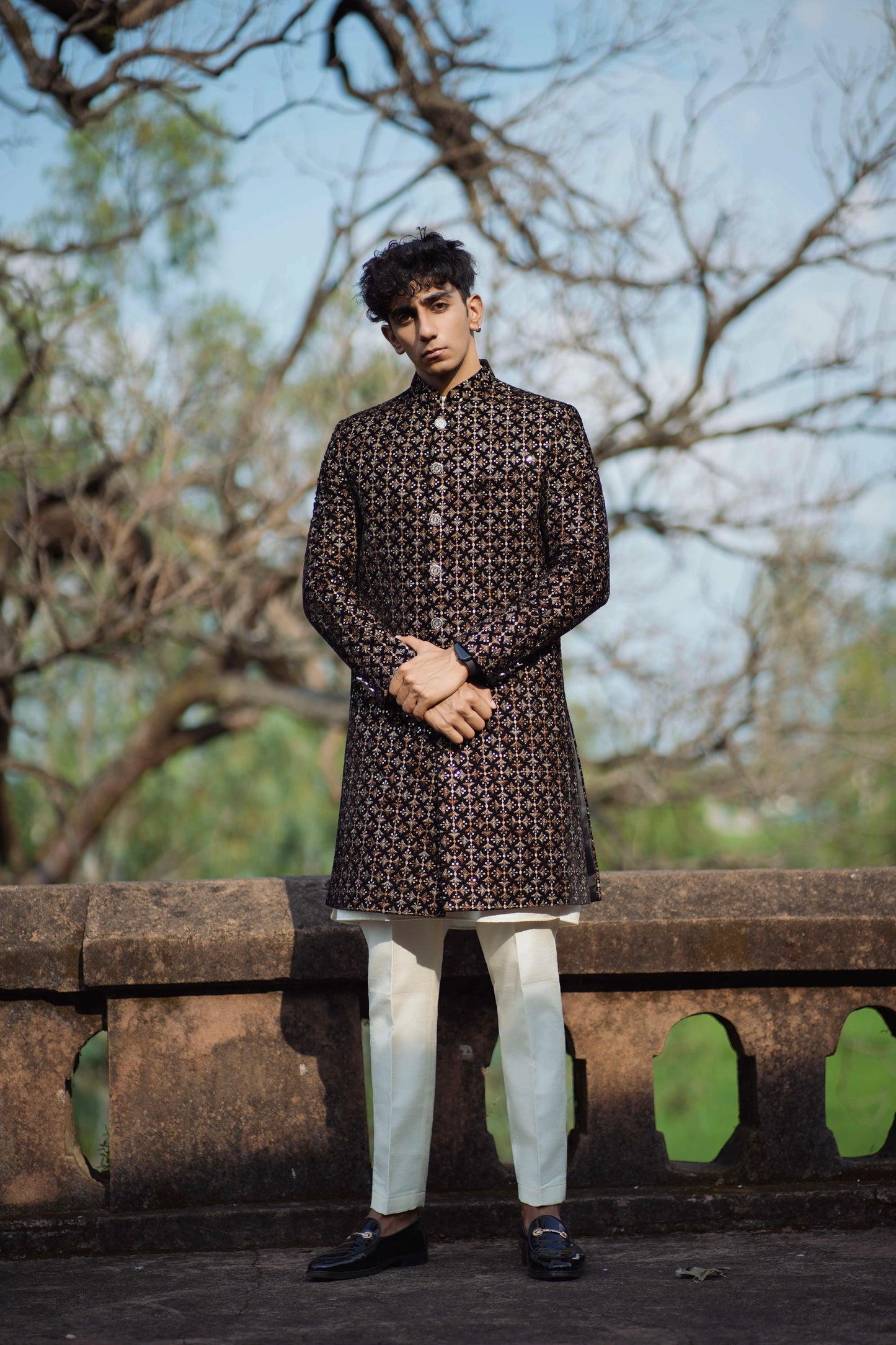 Velvet Black and Gold Indo-Western Set with Light Gold Kurta and Pants