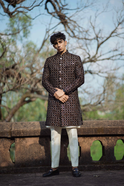Velvet Black and Gold Indo-Western Set with Light Gold Kurta and Pants