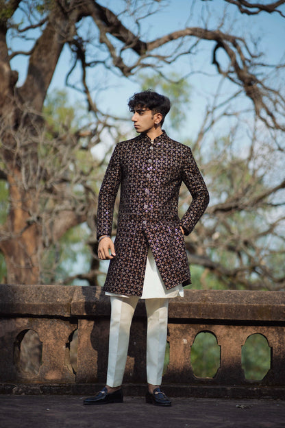 Velvet Black and Gold Indo-Western Set with Light Gold Kurta and Pants