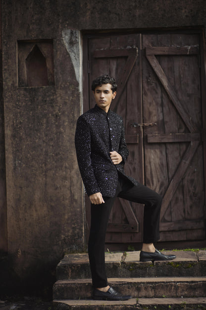 Shimmer Black Velvet Bandhgala Paired with Black Korean Trousers