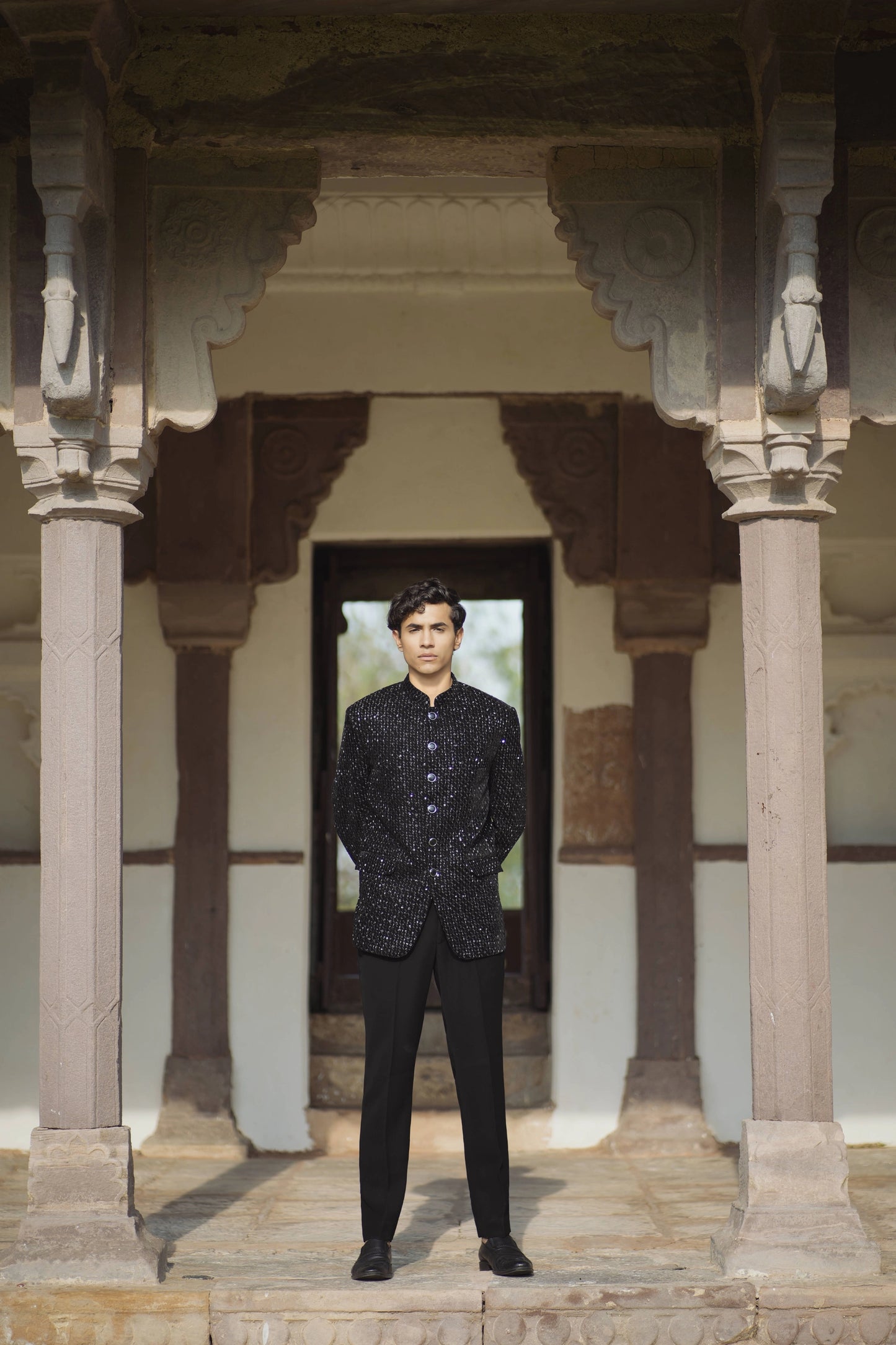 Shimmer Black Velvet Bandhgala Paired with Black Korean Trousers