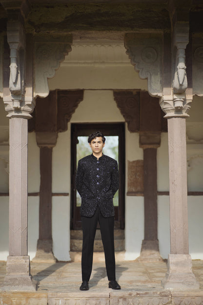 Shimmer Black Velvet Bandhgala Paired with Black Korean Trousers