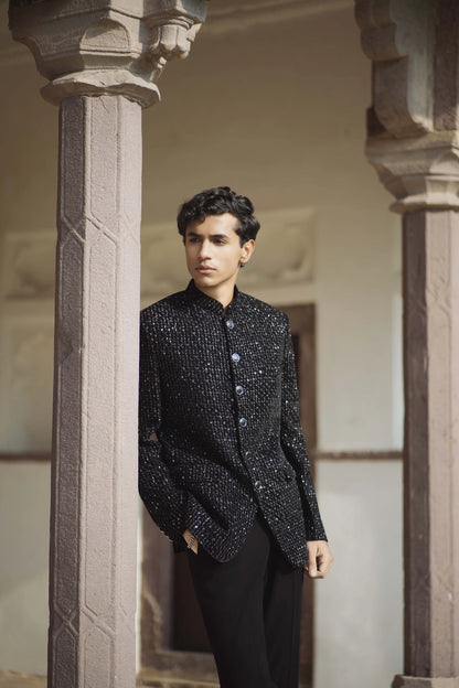 Shimmer Black Velvet Bandhgala Paired with Black Korean Trousers