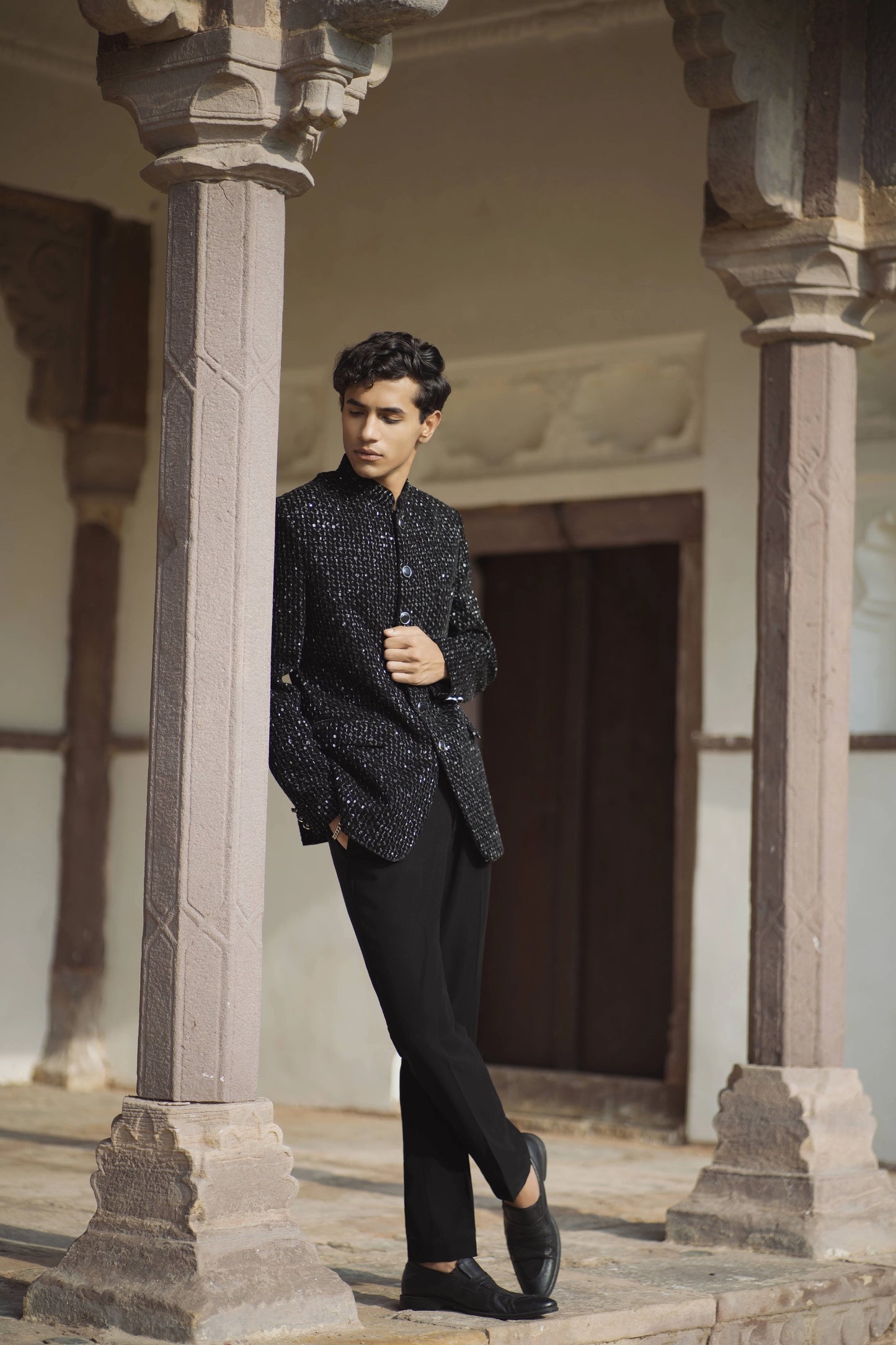 Shimmer Black Velvet Bandhgala Paired with Black Korean Trousers