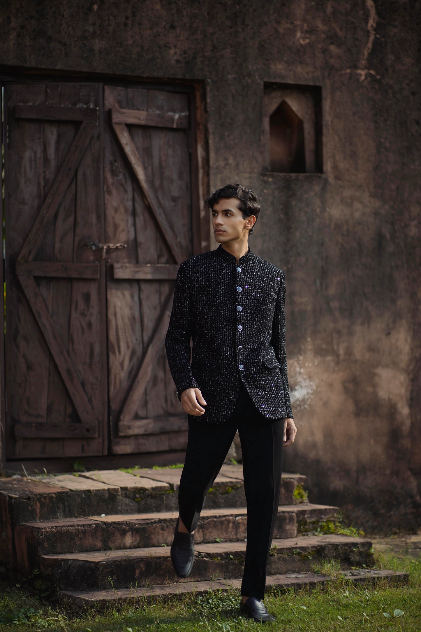 Shimmer Black Velvet Bandhgala Paired with Black Korean Trousers