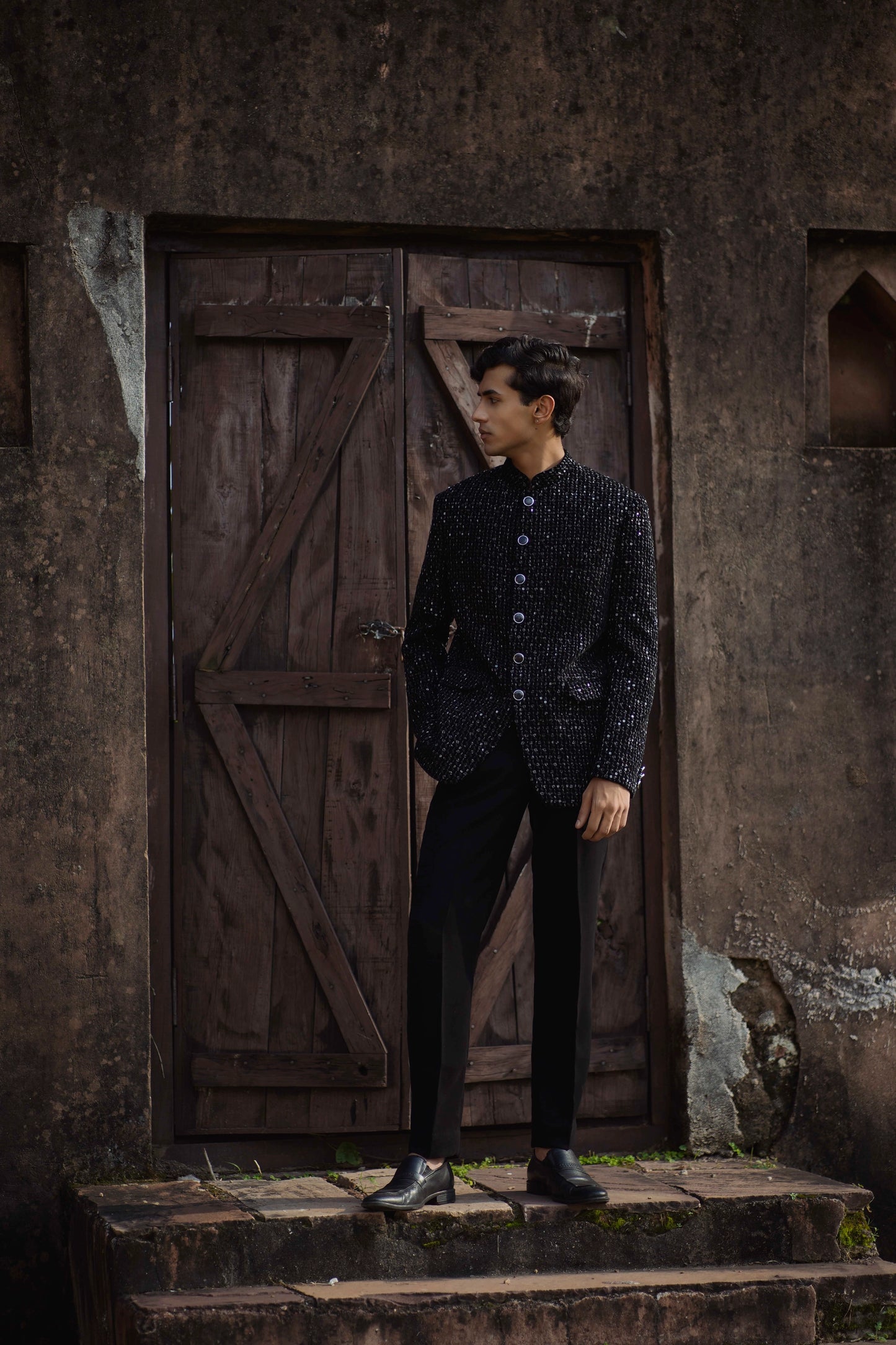 Shimmer Black Velvet Bandhgala Paired with Black Korean Trousers