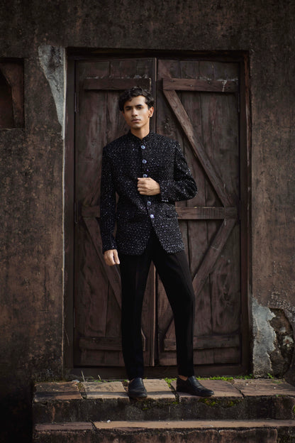 Shimmer Black Velvet Bandhgala Paired with Black Korean Trousers