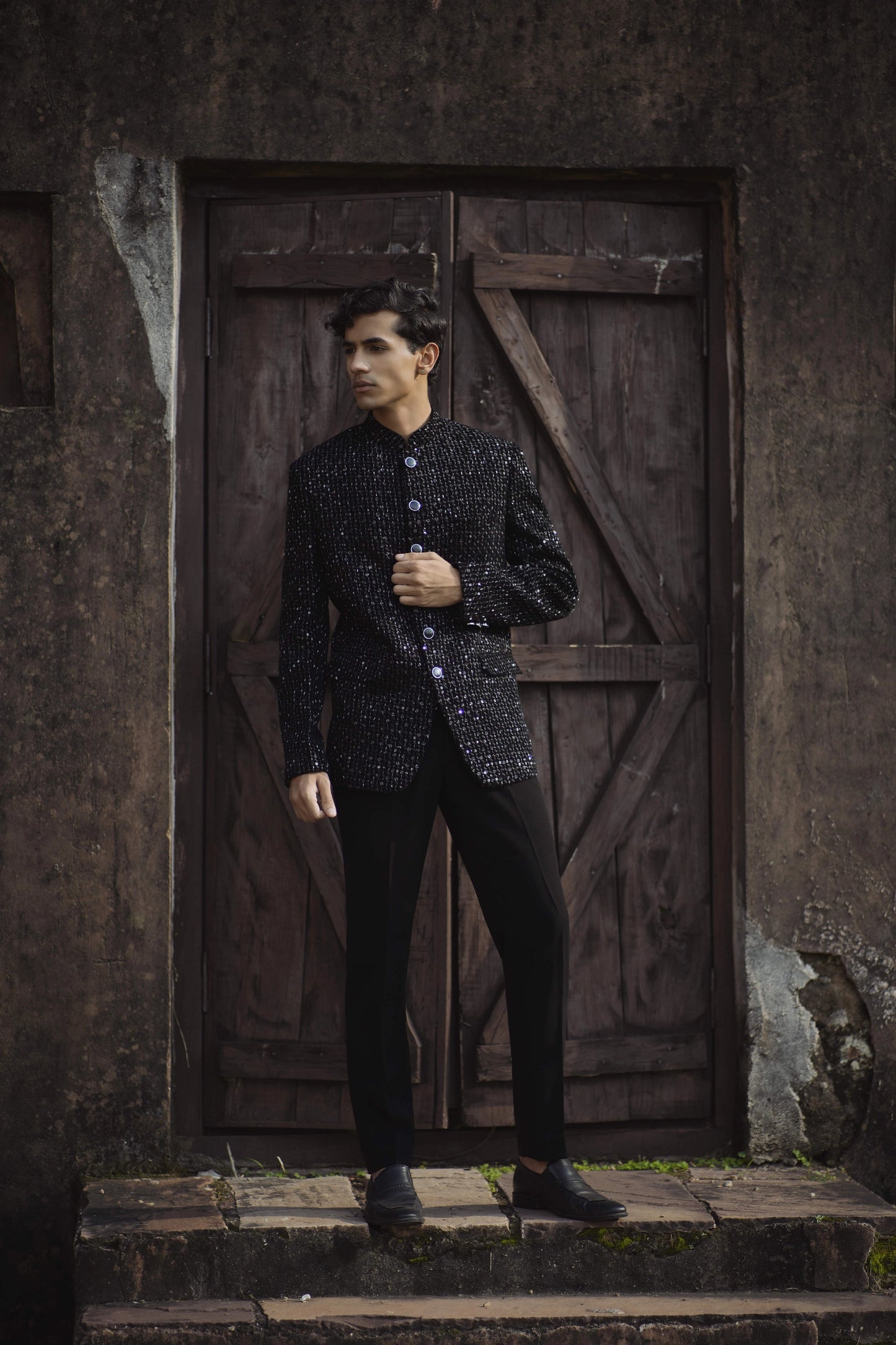 Shimmer Black Velvet Bandhgala Paired with Black Korean Trousers