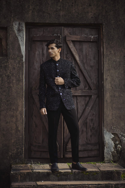 Shimmer Black Velvet Bandhgala Paired with Black Korean Trousers