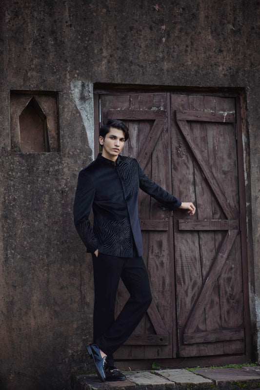 Designer Black Velvet Bandhgala with Zardozi and Cutdana Work, Paired with Black Pants