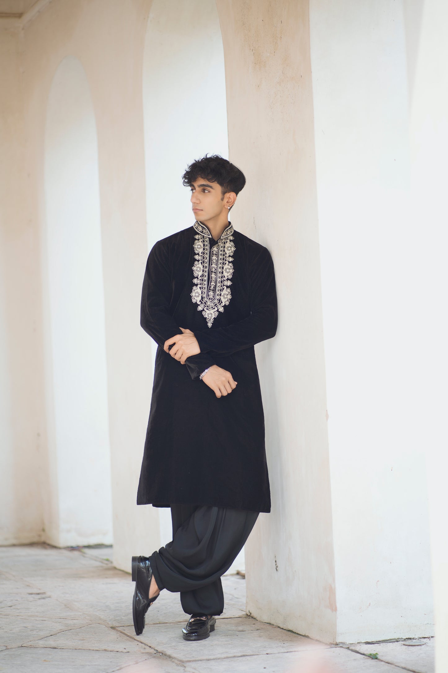 Sufi Night Black Velvet Kurta Featuring Tabeez Work with Coordinated Salwar