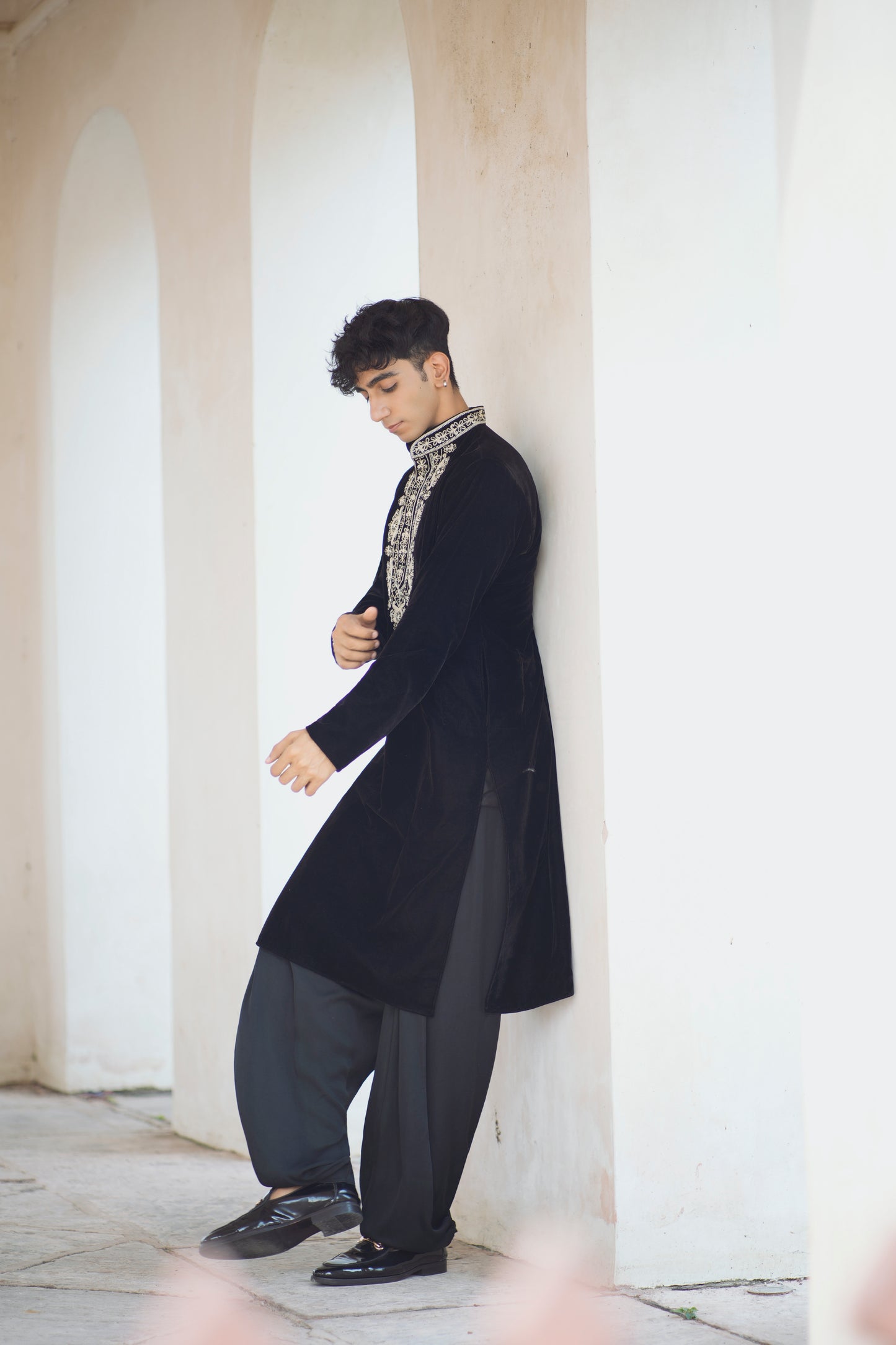 Sufi Night Black Velvet Kurta Featuring Tabeez Work with Coordinated Salwar