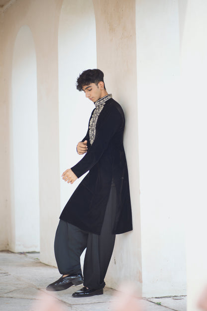 Sufi Night Black Velvet Kurta Featuring Tabeez Work with Coordinated Salwar