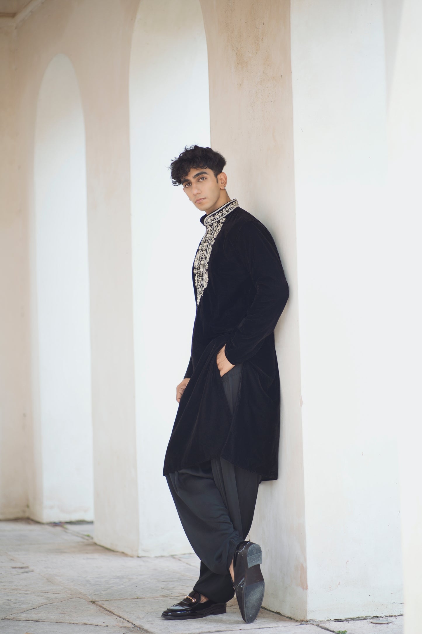 Sufi Night Black Velvet Kurta Featuring Tabeez Work with Coordinated Salwar