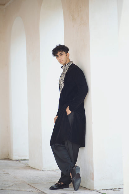 Sufi Night Black Velvet Kurta Featuring Tabeez Work with Coordinated Salwar