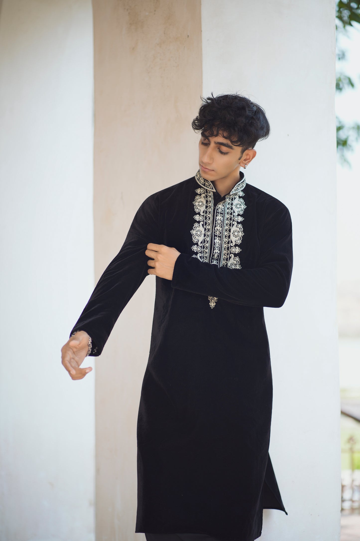 Sufi Night Black Velvet Kurta Featuring Tabeez Work with Coordinated Salwar