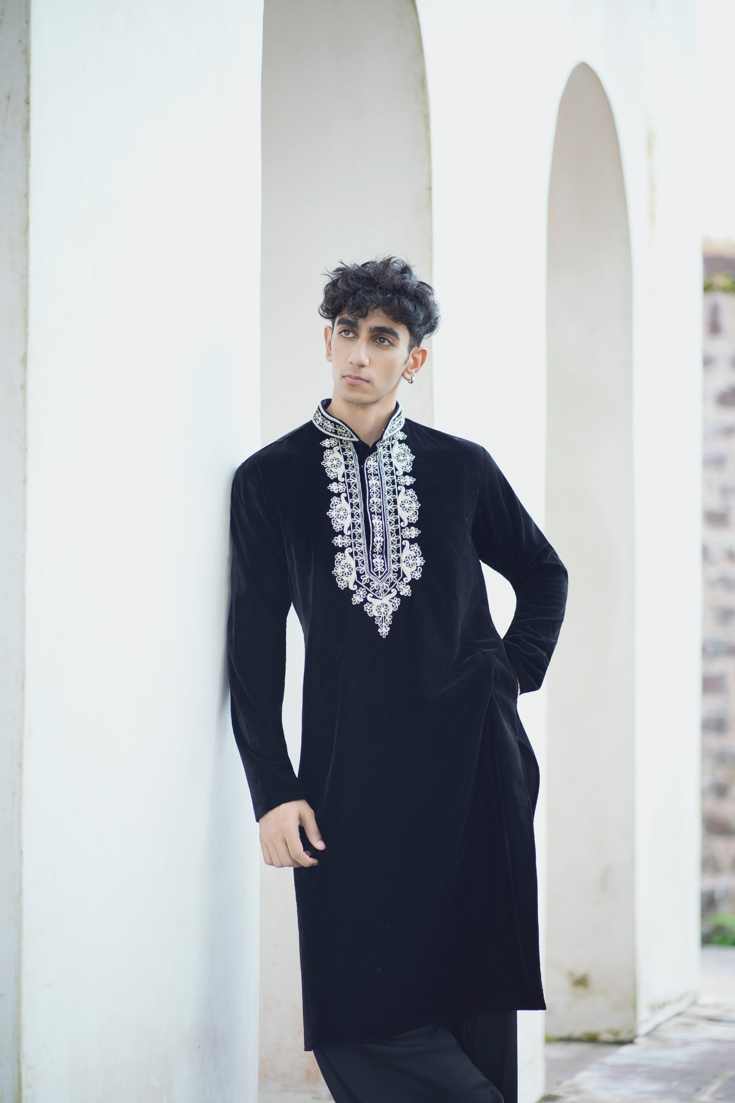 Sufi Night Black Velvet Kurta Featuring Tabeez Work with Coordinated Salwar