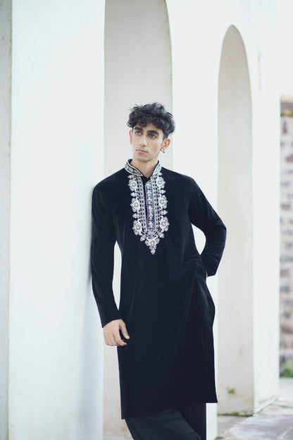 Sufi Night Black Velvet Kurta Featuring Tabeez Work with Coordinated Salwar