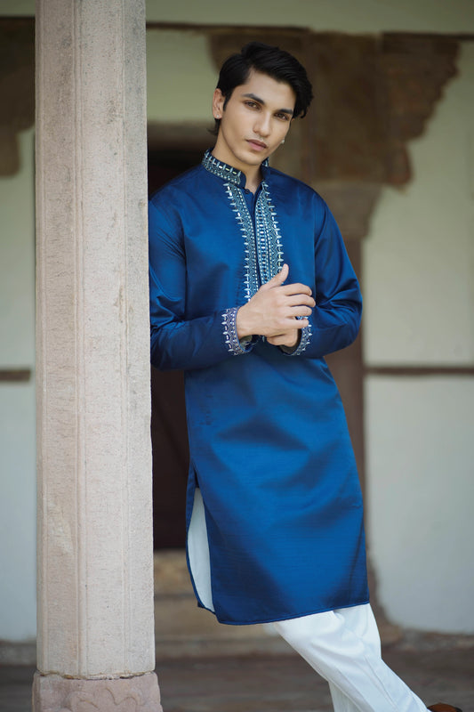 Striking blue silk based kurta with cutdana embroidery