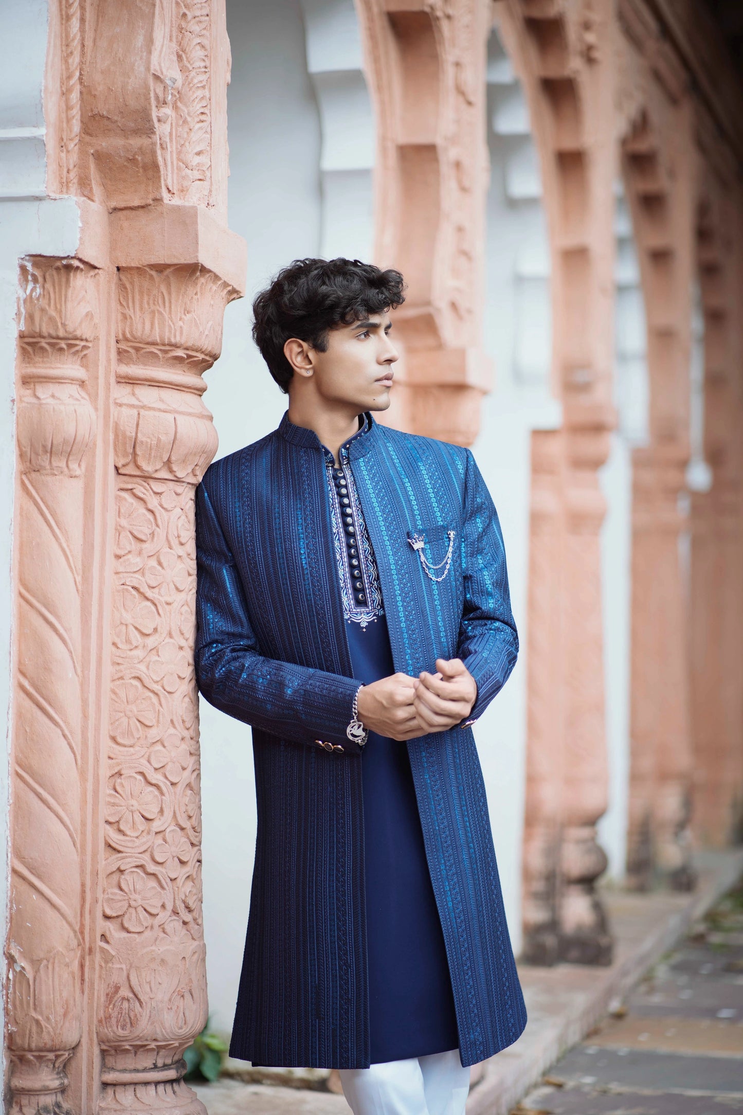 Indigo Blue Indowestern Set Featuring Long Jacquard Jacket with Resham Detailing