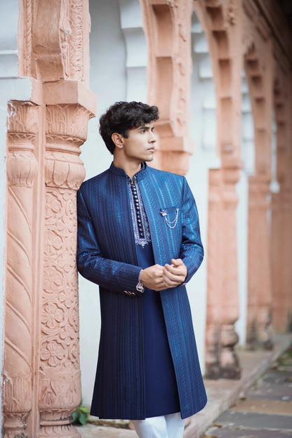 Indigo Blue Indowestern Set Featuring Long Jacquard Jacket with Resham Detailing